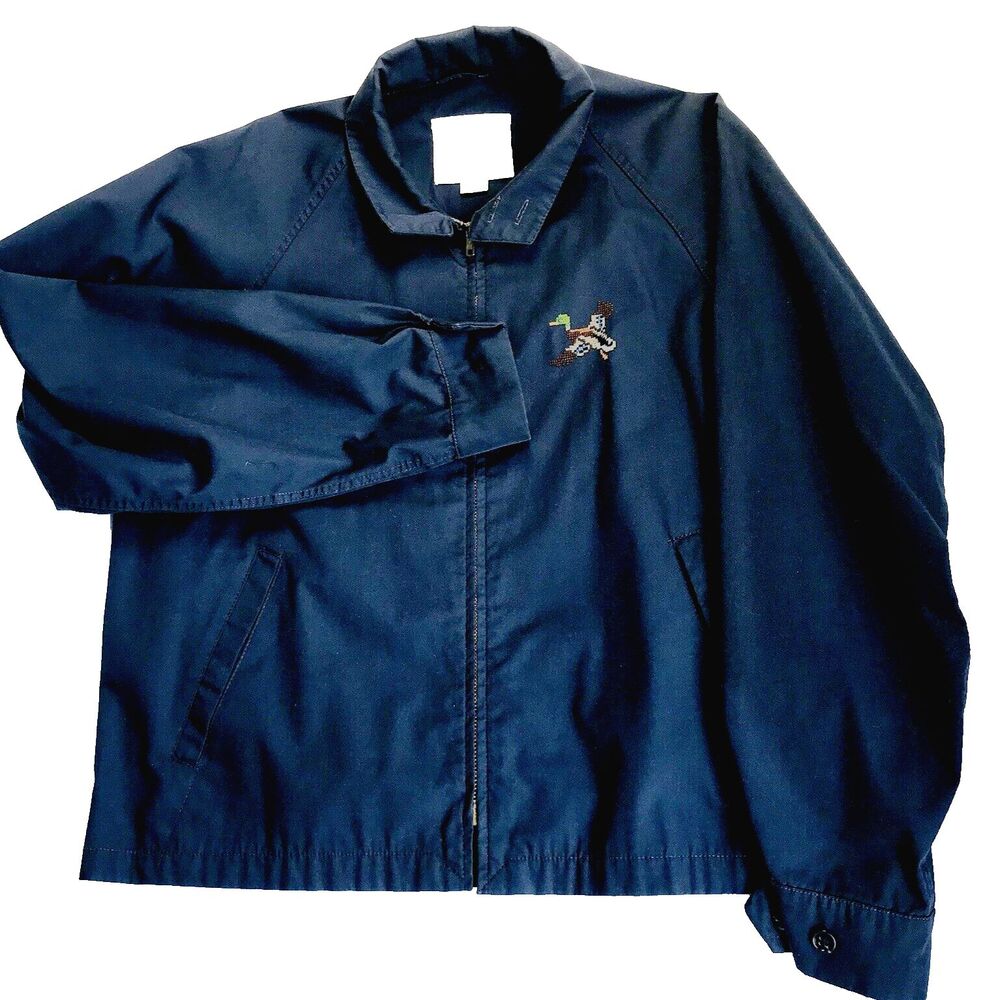 London Fog Vtg Mechanics Jacket Duck Cross Stitch Custom XL Blue Moto Hunting